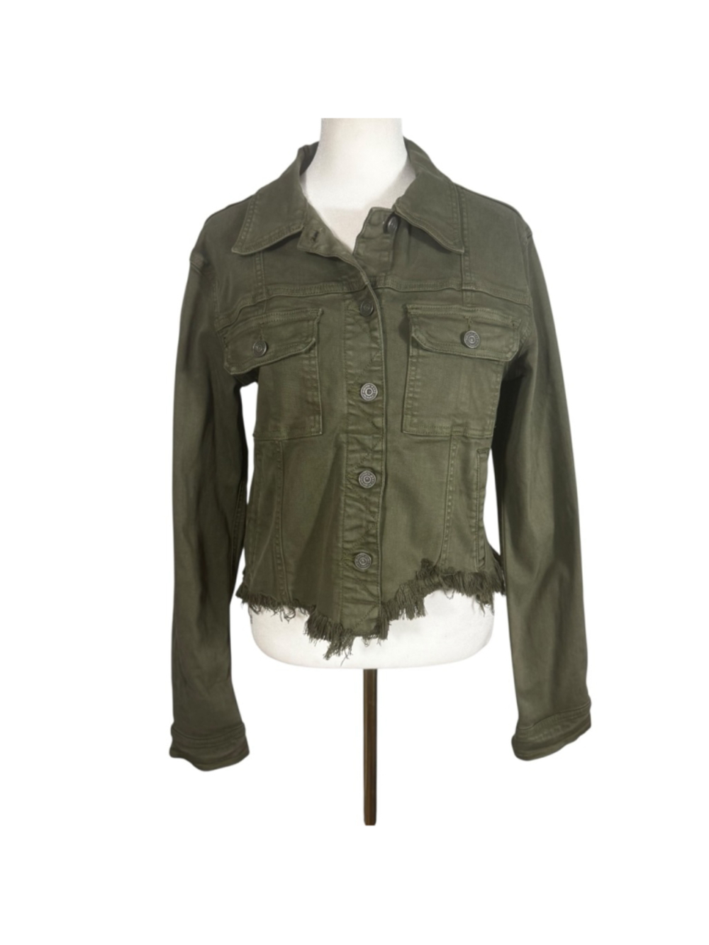 Size M Hidden Military Green Distressed Fringe Button Cropped Jean Jacket - Picture 4 of 10